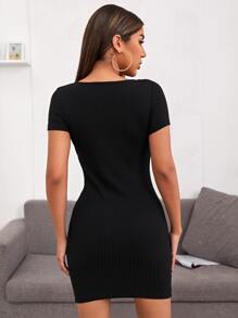 Muchica Surplice Neck Solid Rib-knit Bodycon Dress - Black - View 2