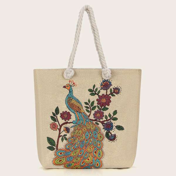 

Peacock & Floral Embroidery Tote Bag, Beige