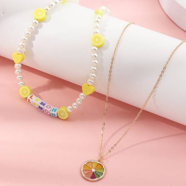 

2pcs Girls Fruit Charm Faux Pearl Beaded Necklace, Multicolor