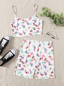 SHEIN 蝴蝶圖案吊帶短版上衣和短褲套裝 - 彩色 - 查看 1
