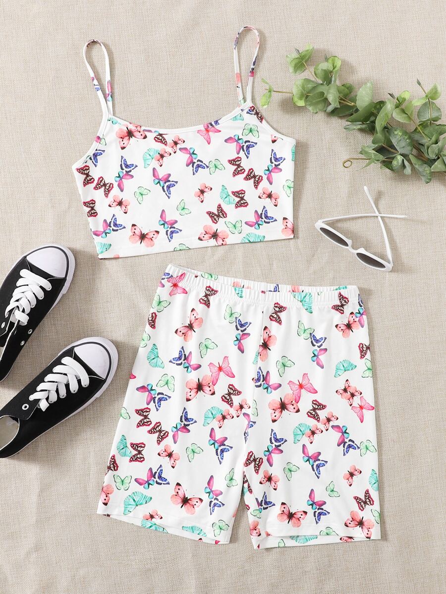 SHEIN 蝴蝶圖案吊帶短版上衣和短褲套裝 - 彩色 - 查看 1