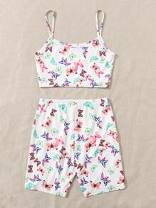 SHEIN 蝴蝶圖案吊帶短版上衣和短褲套裝 - 彩色 - 查看 4