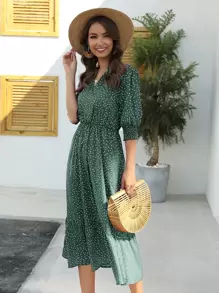 SHEIN LUNE Polka Dot Puff Sleeve Ruffle Hem A-line Dress - Dark Green - View 1