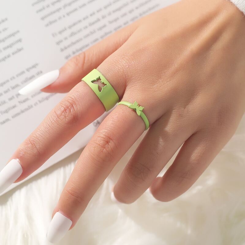 

2pcs Butterfly Detail Ring, Green