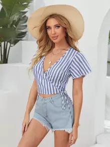 SHEIN VCAY 圍裹側繫帶條紋上衣 - 藍白色 - 查看 1