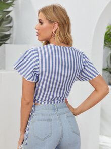 SHEIN VCAY 圍裹側繫帶條紋上衣 - 藍白色 - 查看 2