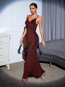 Vestido de tirantes brillante de sirena - Granate - Ver 4