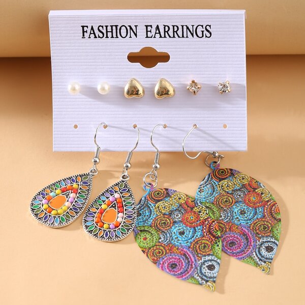 

5pairs Heart & Water-drop Design Earrings, Multicolor