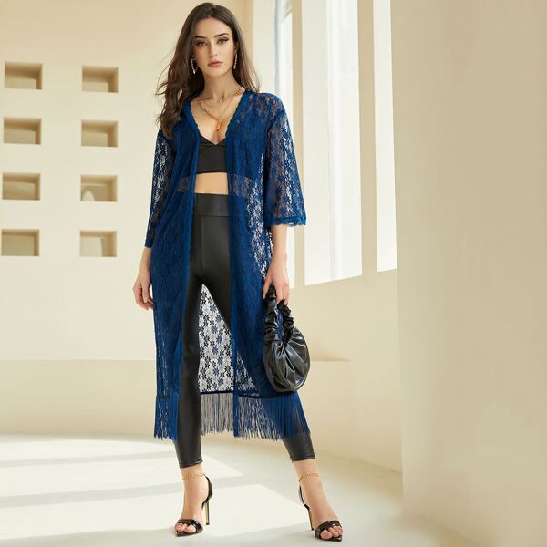 

Floral Lace Fringe Hem Kimono, Blue