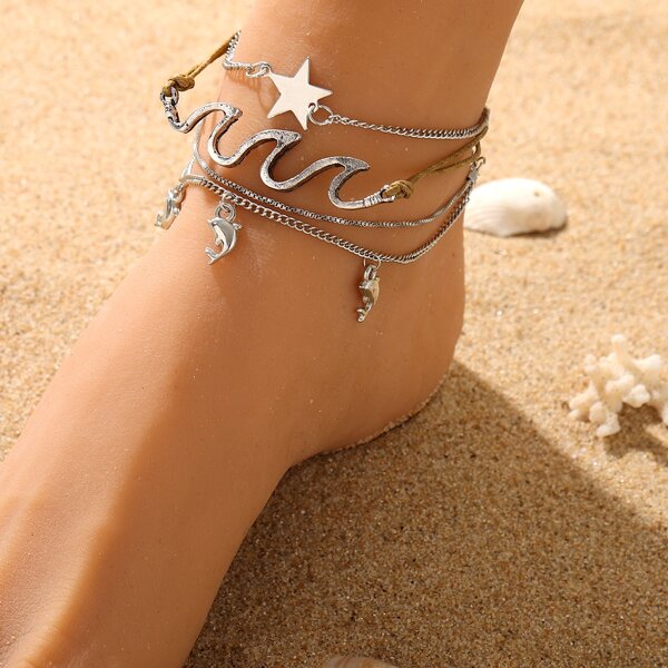 

3pcs Star Decor Anklet, Silver