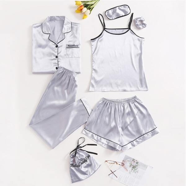 

7pcs Contrast Binding Satin PJ Set, Silver