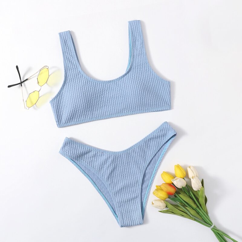 

Simple Solid Bikini Swimsuit, Blue