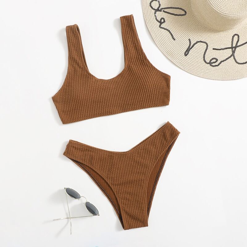 

Simple Solid Bikini Swimsuit, Brown