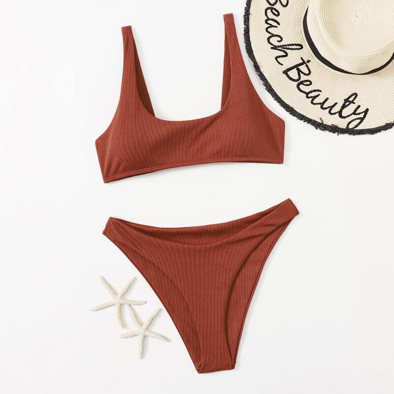 

Simple Solid Bikini Swimsuit, Coffee brown