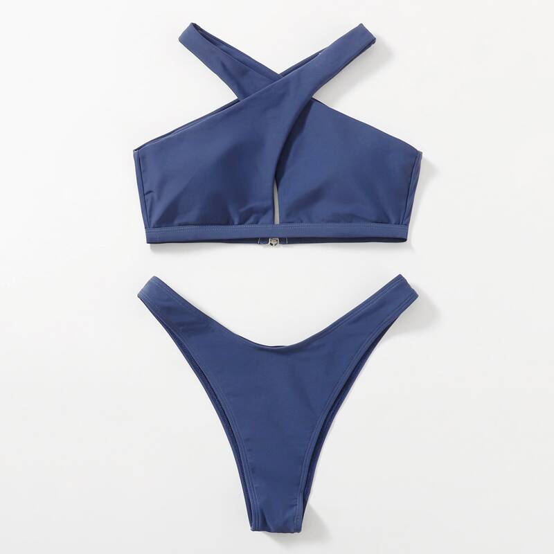 

Solid Criss Cross Bikini Swimsuit, Blue