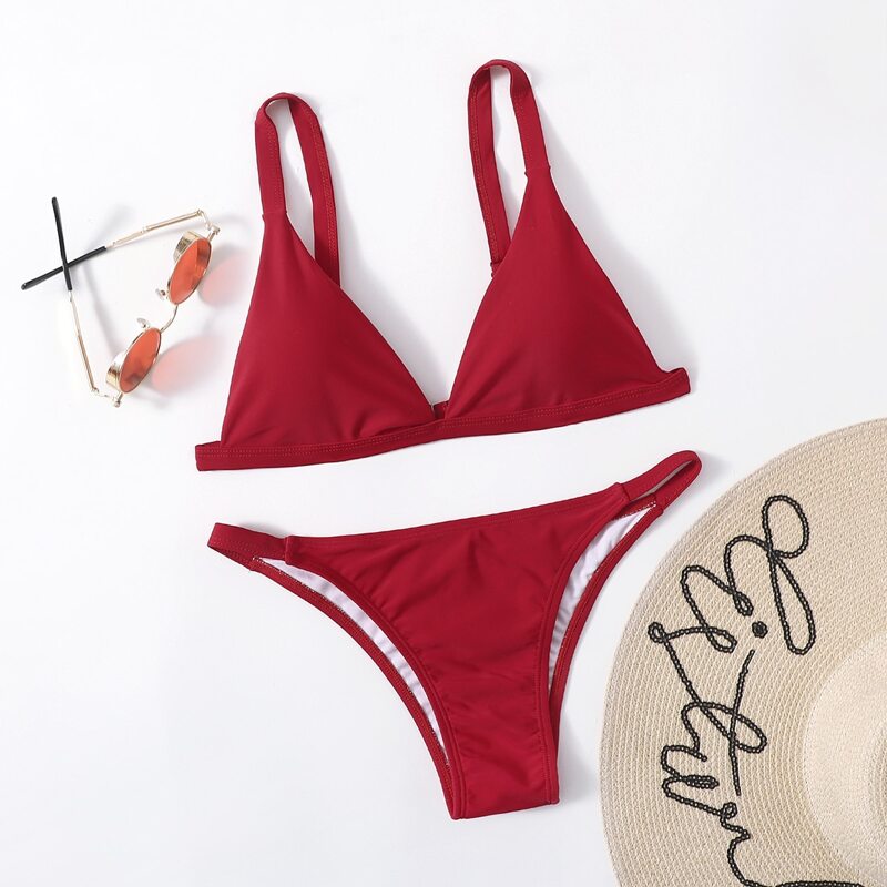 

Solid Triangle Bikini Swimsuit, Red