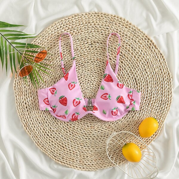 

Strawberry Random Print Underwire Bikini Top, Pink