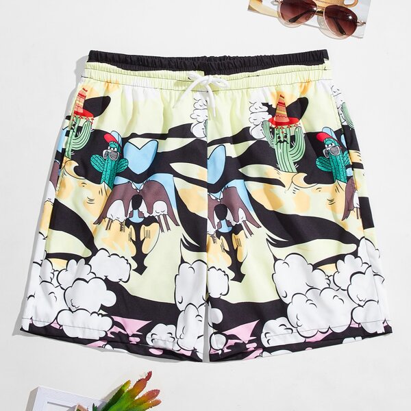 

Men Cartoon Graphic Drawstring Waist Swim Trunks, Multicolor