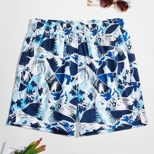 

Men Tropical Print Drawstring Waist Swim Trunks, Multicolor