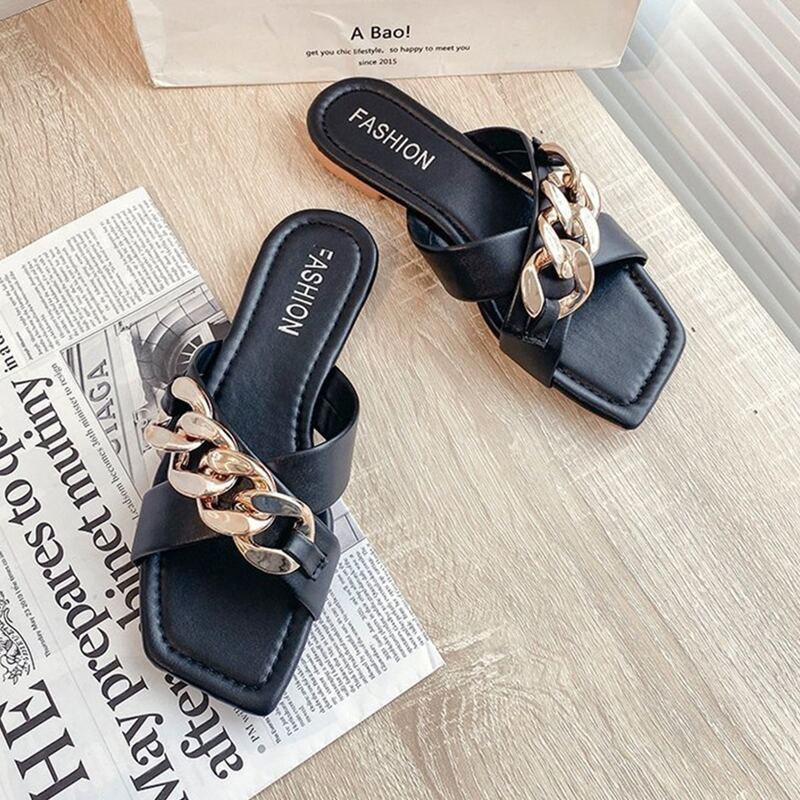 

Chain Criss Cross Strap Slide Sandals, Black