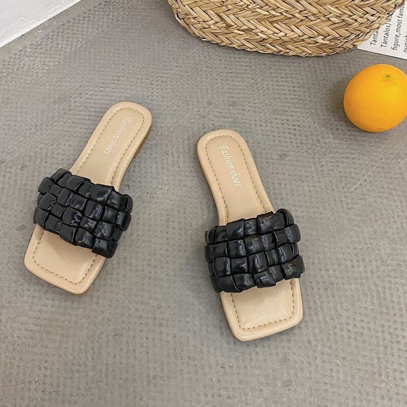 

Braided Wide Band Slide Sandals, Black
