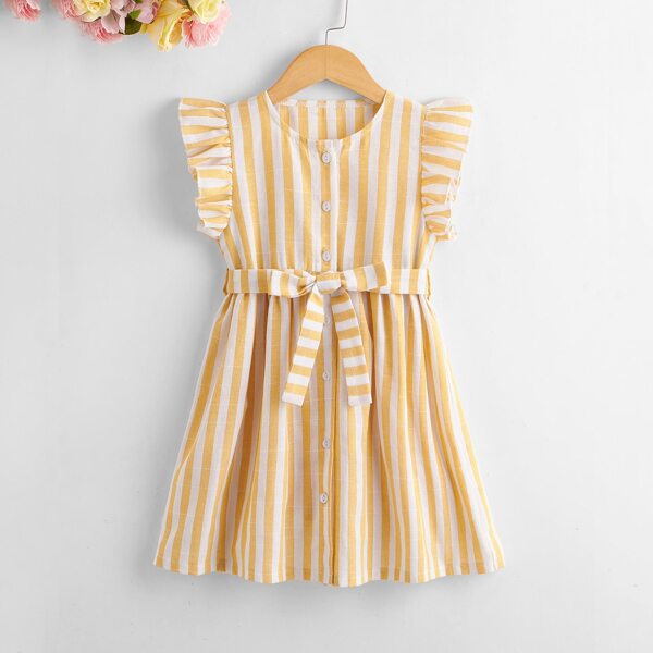 

Toddler Girls Button Front Striped Belted Dress, Yellow