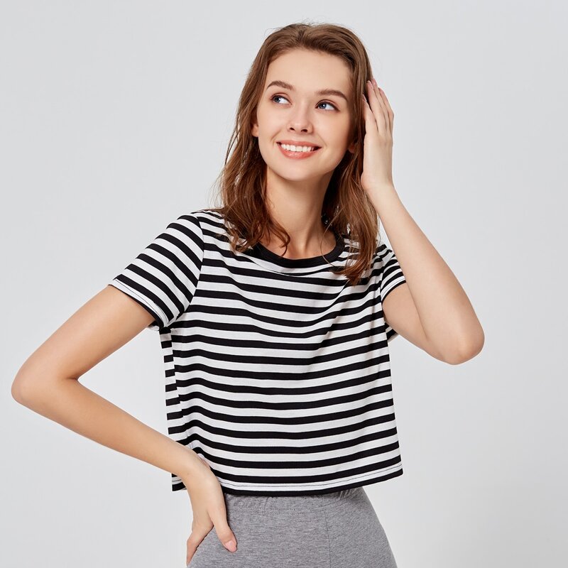 

Striped Round Neck Tee, Black and white