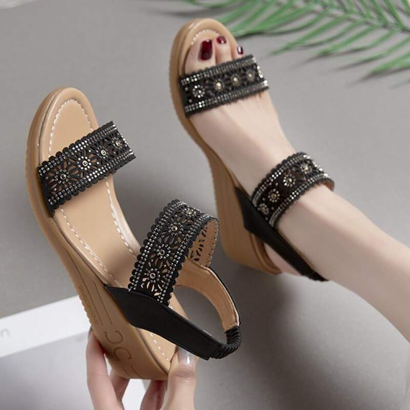 

Floral Studded Ankle Strap Wedge Sandals, Black