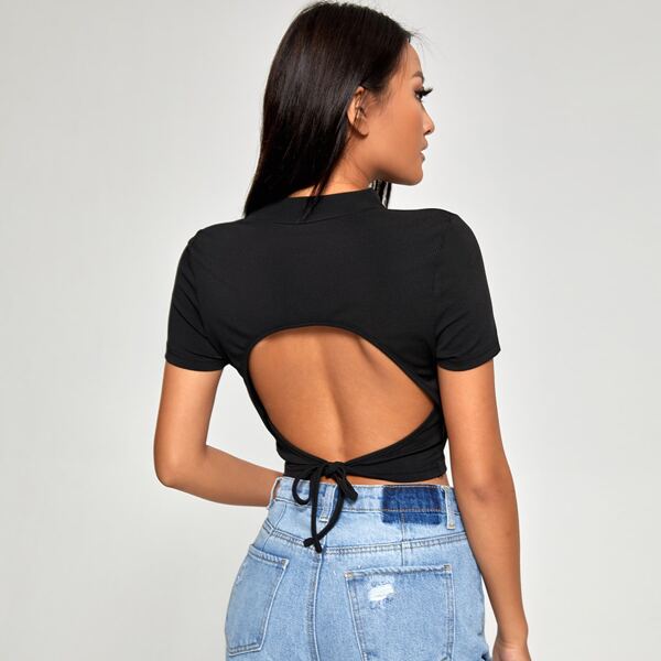 

Mock Neck Backless Crop Tee, Black