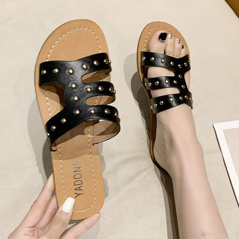 

Studded Strap Slide Sandals, Black