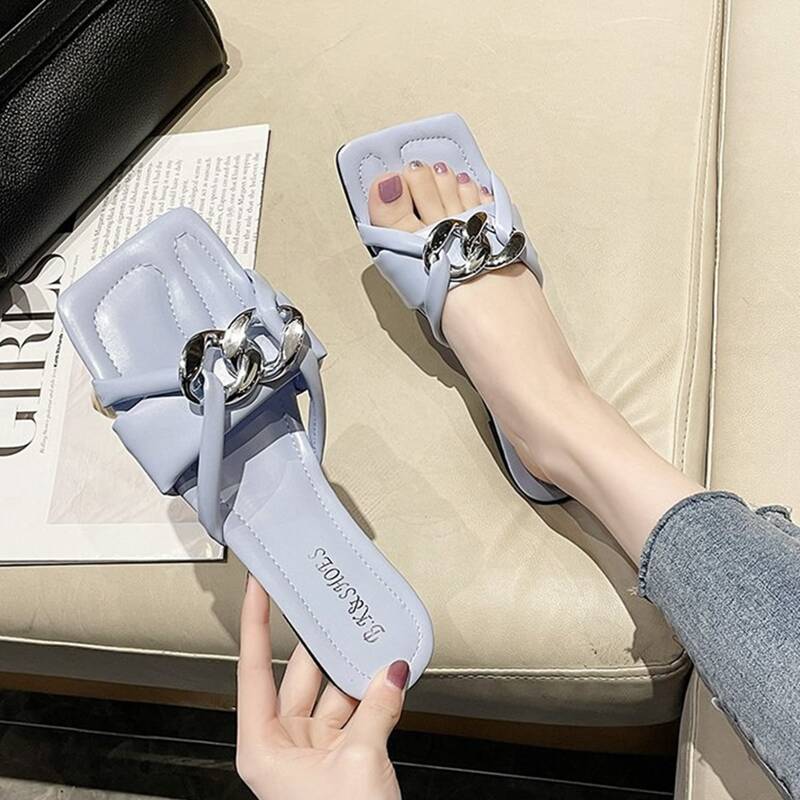 

Chain Band Slide Sandals, Dusty blue