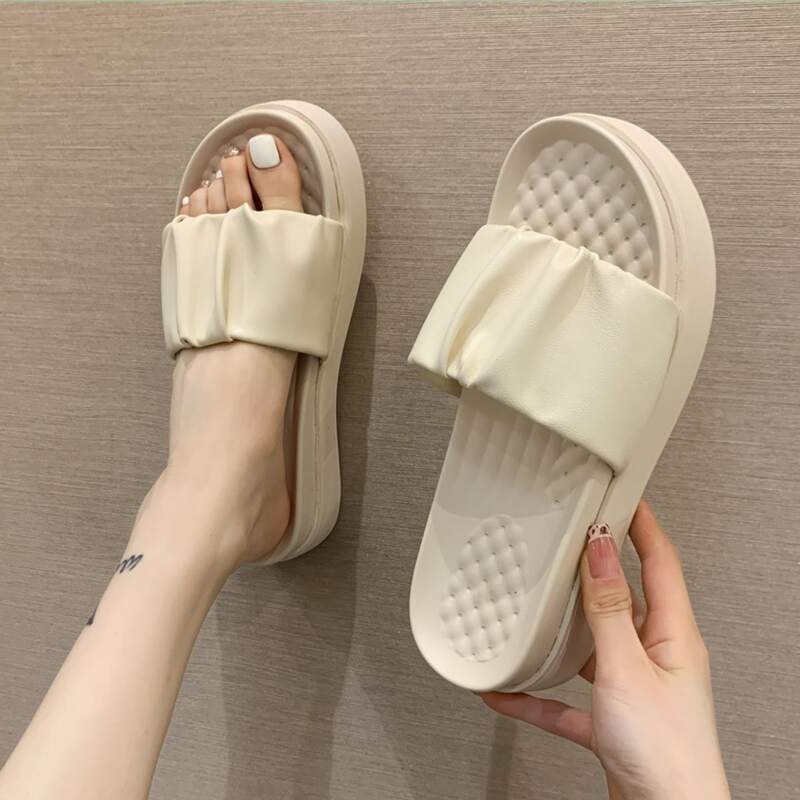 

Solid Ruched Band Slide Sandals, Beige