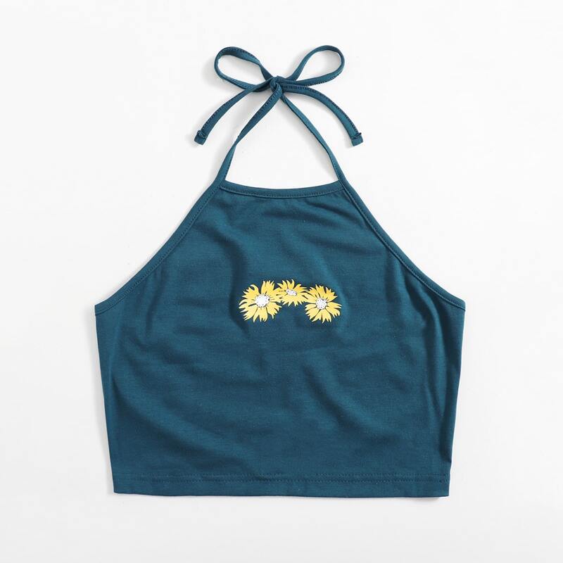 

Floral Graphic Halter Top, Teal blue