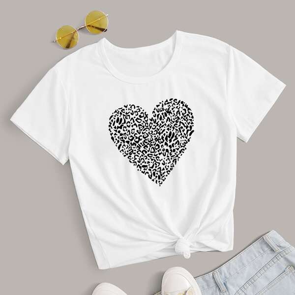 

Heart Print Crew Neck Tee, White