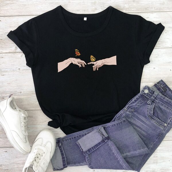 

Hand & Butterfly Print Tee, Black