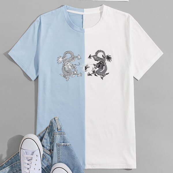 

Men Chinese Dragon Print Two Tone Tee, Blue and white