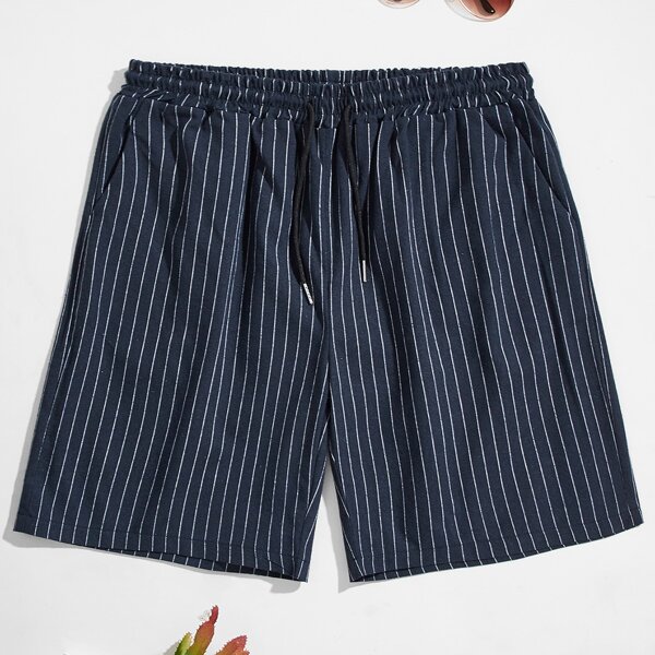 

Men Vertical Striped Drawstring Waist Shorts, Navy blue