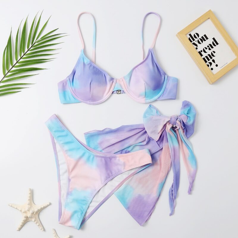 

3pack Tie Dye Bikini Swimsuit With Beach Skirt, Multicolor