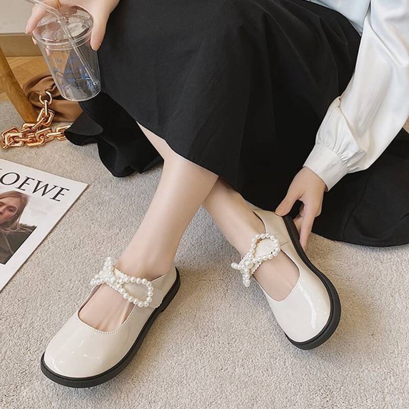 

Faux Pearl Bow Mary Jane Flats, Beige