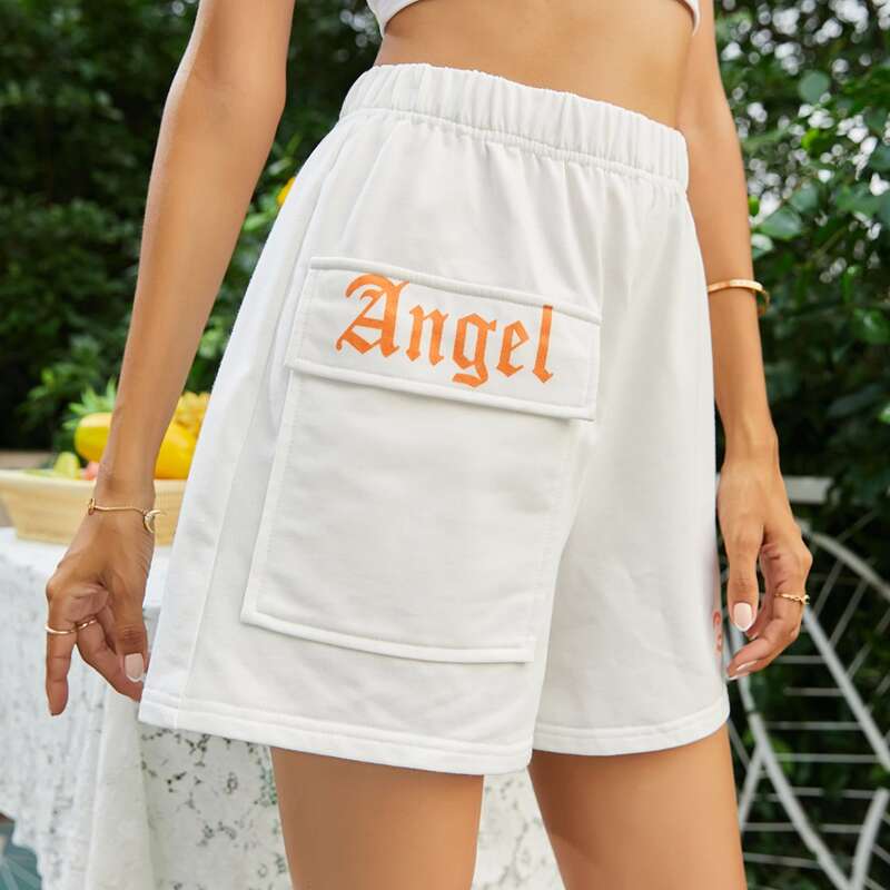 

Letter Graphic Flap Pocket Track Shorts, White