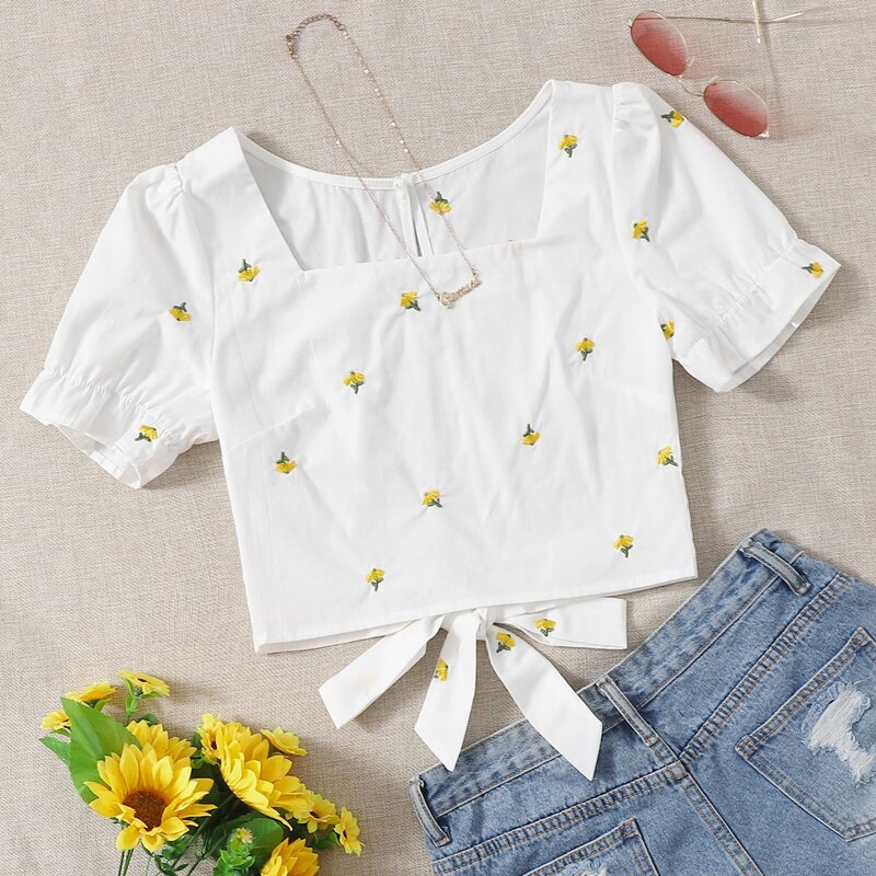Floral Embroidery Split Tie Back Blouse, White