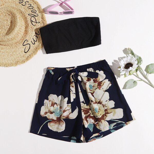 

Crop Tube Top & Floral Shorts, Black