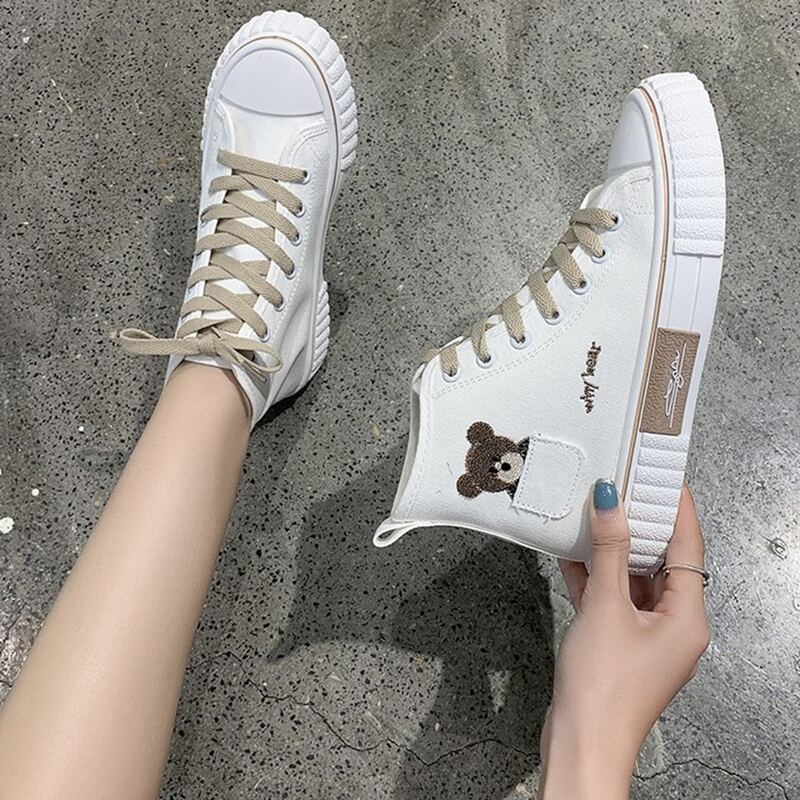 

Cartoon Bear Lace-up High Top Canvas Sneakers, White