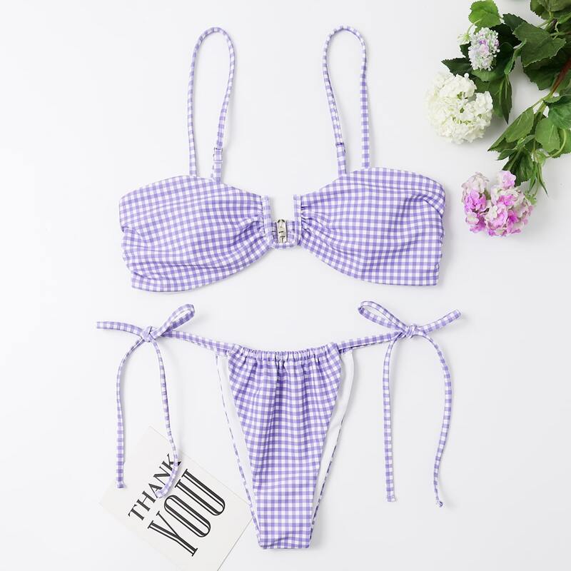 

Gingham Print Bikini Swimsuit, Purple