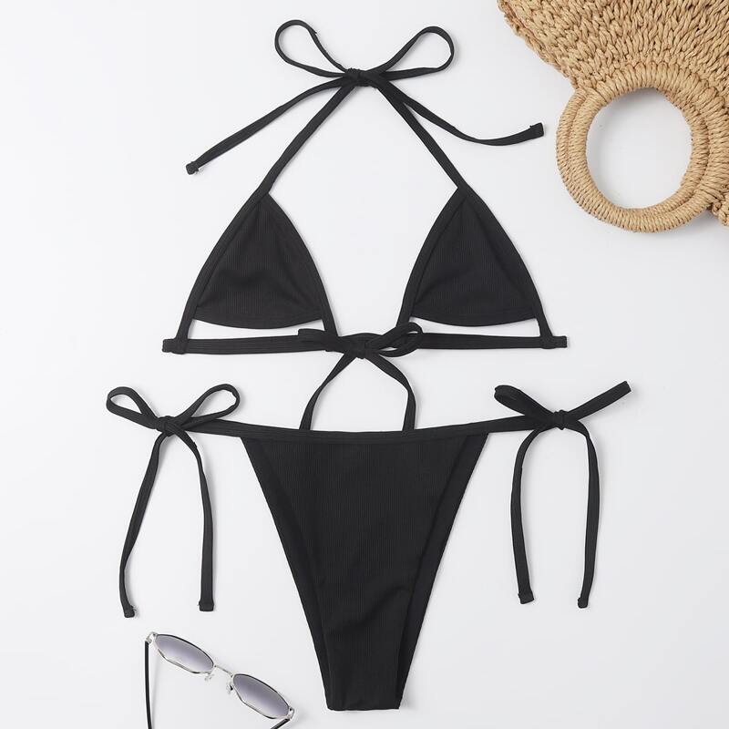 

Solid Cut Out Bikini Swimsuit, Black