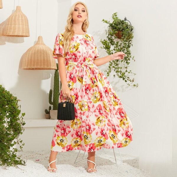 

Plus Floral Print Belted Dress, Multicolor