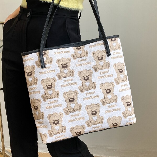 

Cartoon Bear Graphic Tote Bag, Beige