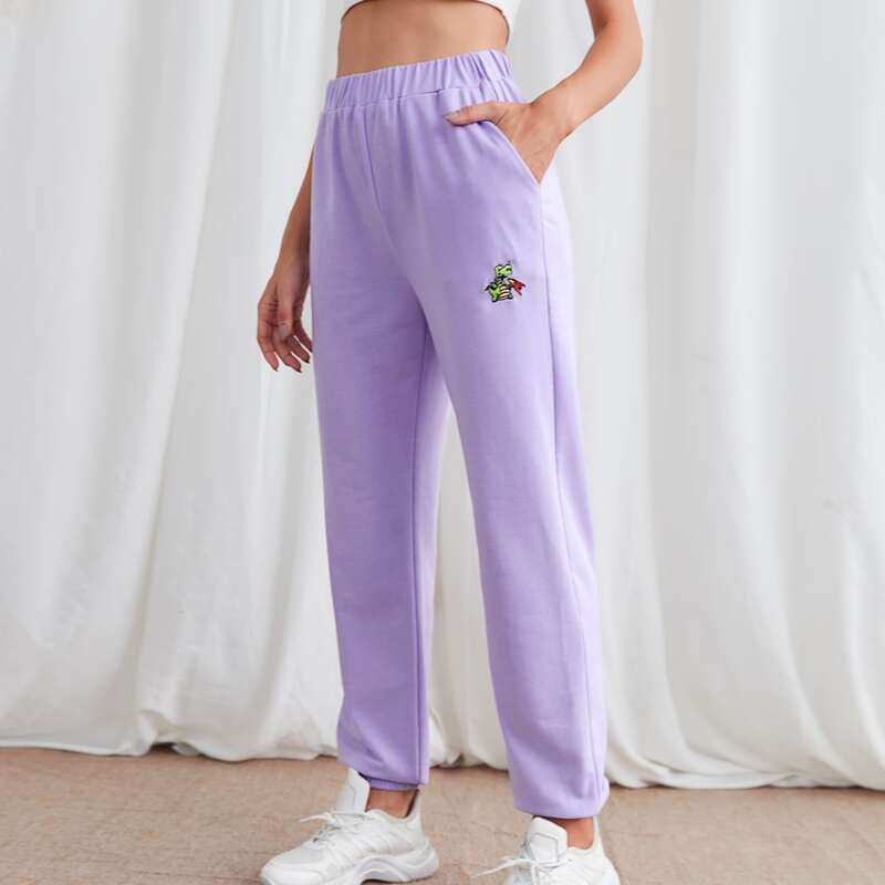 

Cartoon Embroidery Sweatpants, Lilac purple