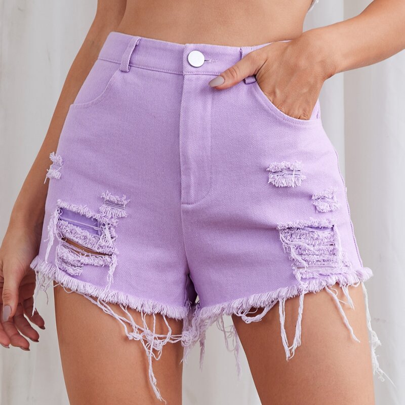

Ripped Raw Hem Shorts, Lilac purple