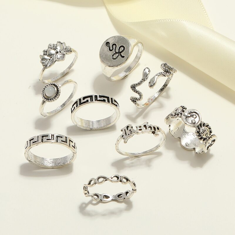 

9pcs Serpentine & Sun Decor Ring, Silver